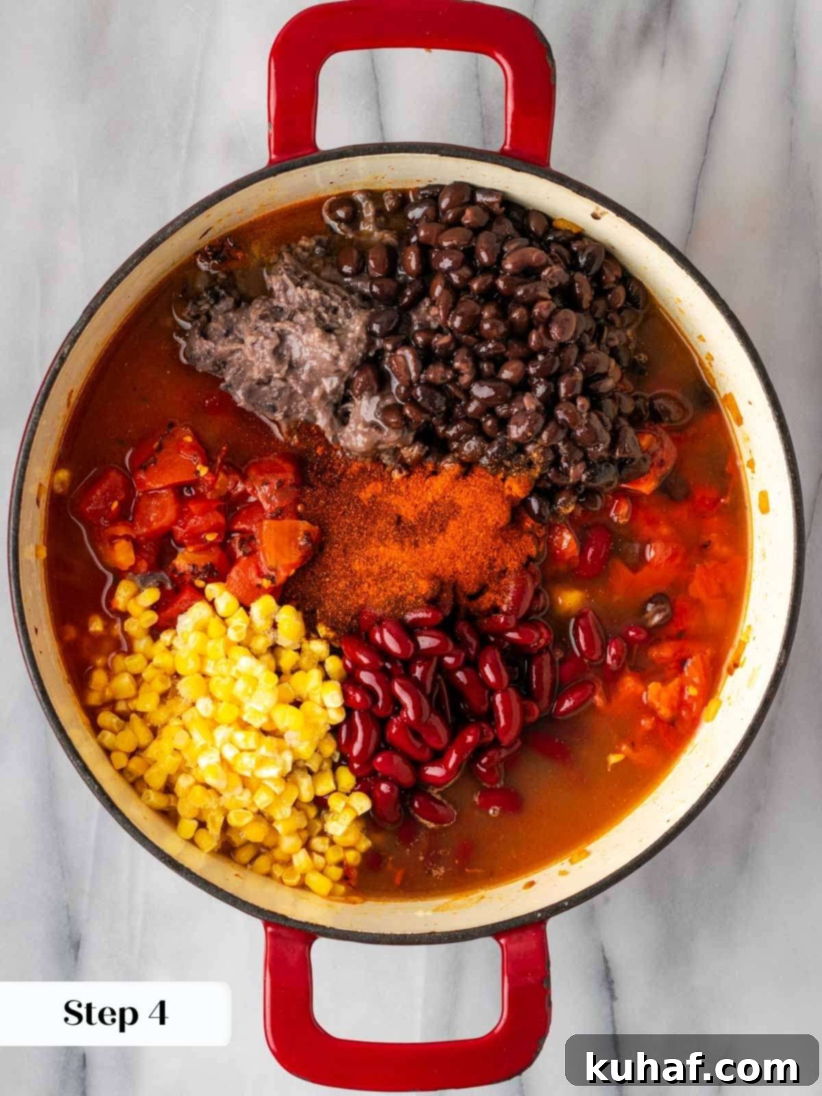Smoky Chipotle Heat 8 Adding beans and corn to the simmering chili pot for a hearty texture.