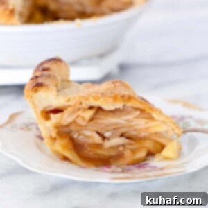 A slice of Cinnamon Apple Pie on a floral plate, showing its golden crust and juicy filling.