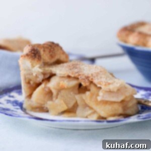 A slice of Mile High Apple Pie on a blue plate, revealing its tall apple filling.