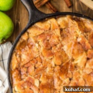 A serving of sliced apple pandowdy in a skillet, ready to be enjoyed.