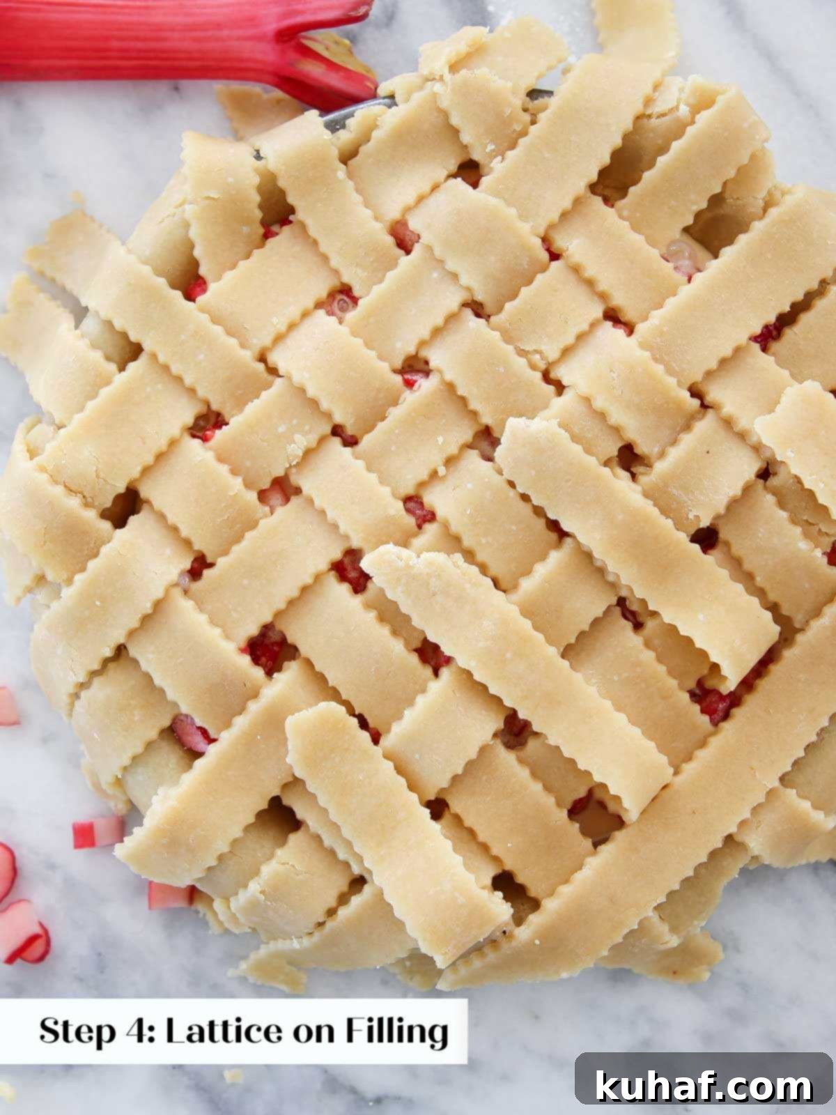 Simple Steps to a Beautiful Lattice Pie Crust 7 latticing pie dough on assembled pie.