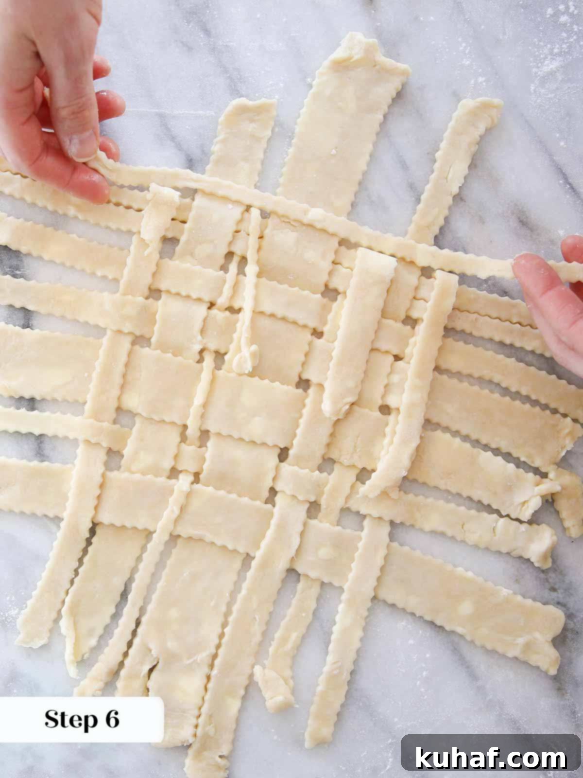Simple Steps to a Beautiful Lattice Pie Crust 9 latticing pie crust on marble.