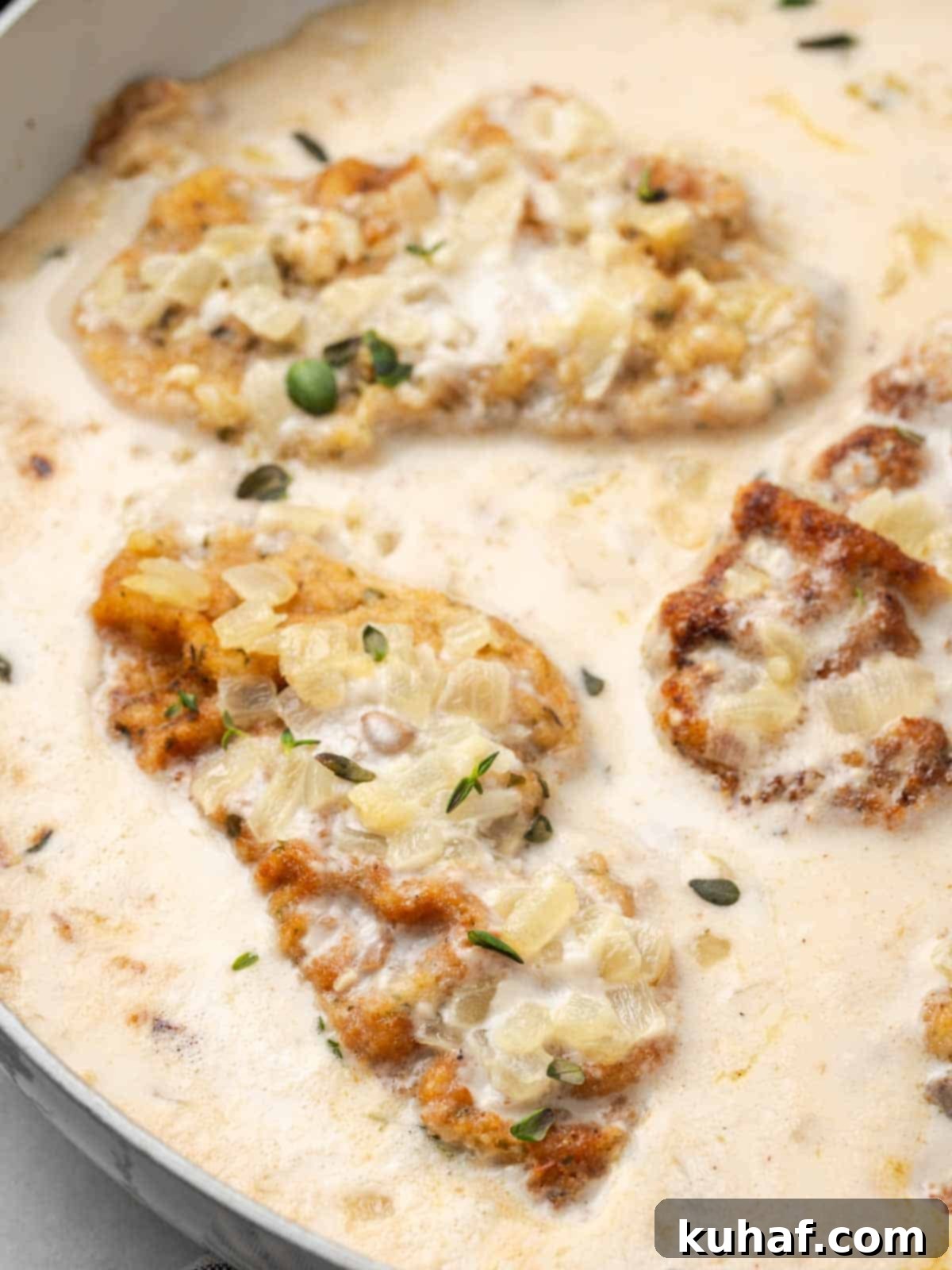 mushroom pork chop in pan in sauce. 