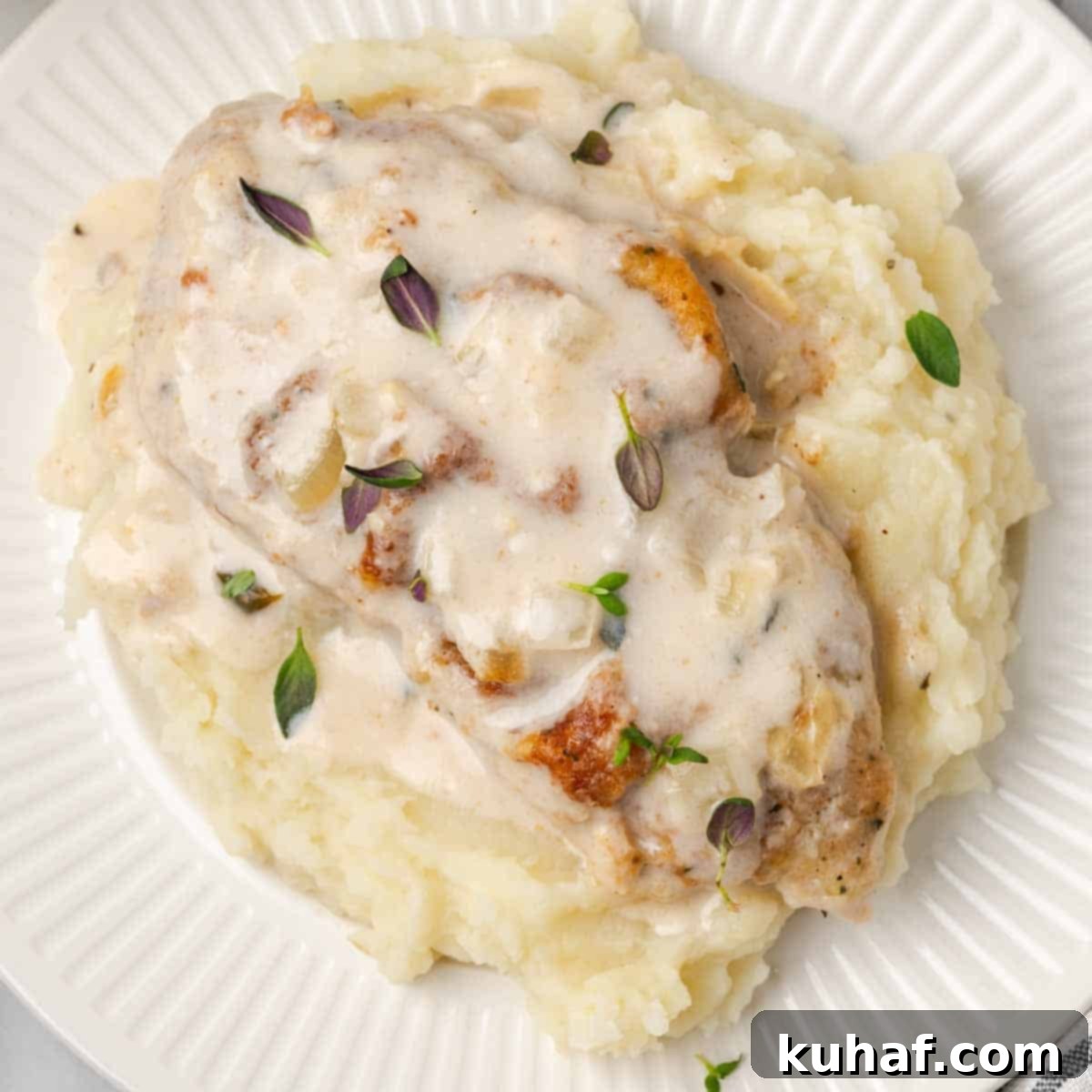 pork chop in sauce on plate with mashed potatoes.