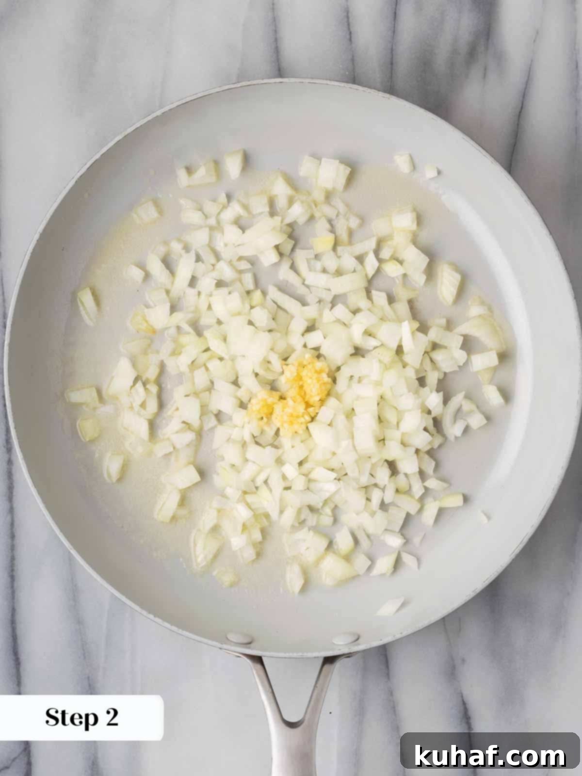 cooking onions garlic and butter in pan.