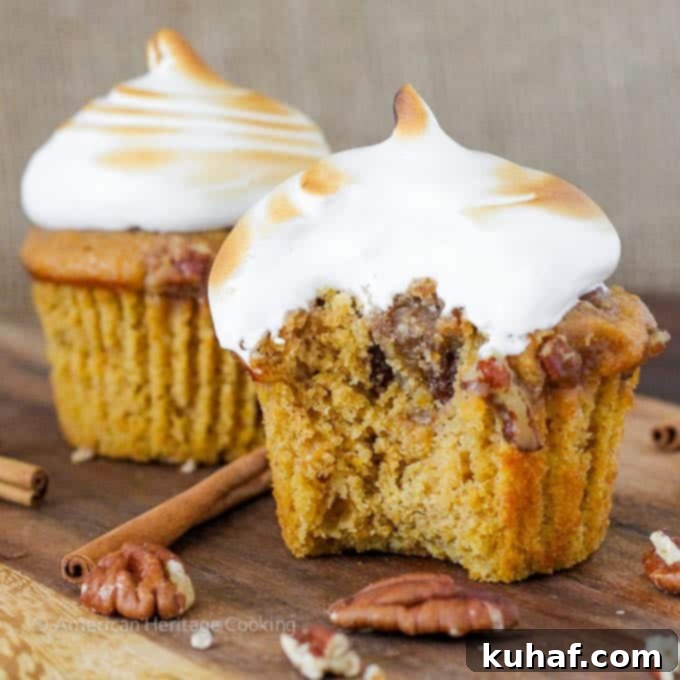 Sweet Potato Casserole Cupcakes with a golden, torched homemade marshmallow frosting.