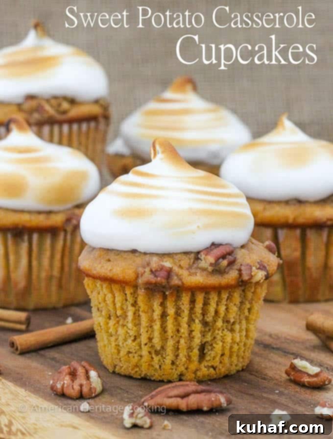 A close-up shot of the toasted marshmallow frosting on a Sweet Potato Casserole Cupcake.