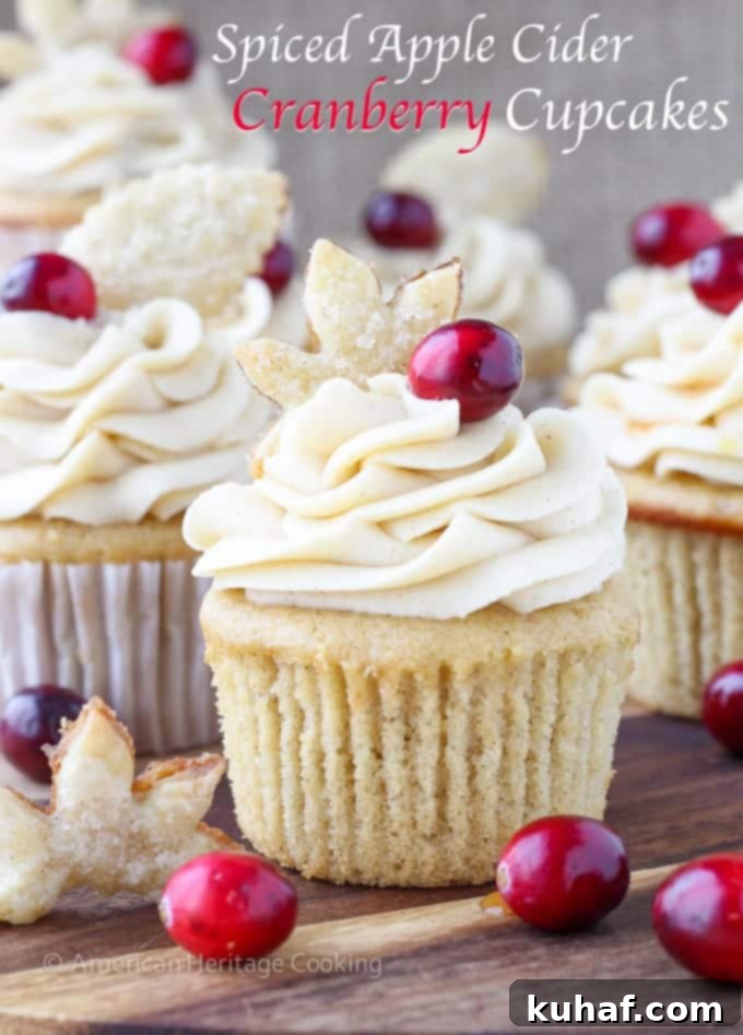A top-down view of a Spiced Apple Cider Cranberry Cupcake, highlighting the intricate frosting and garnish details.