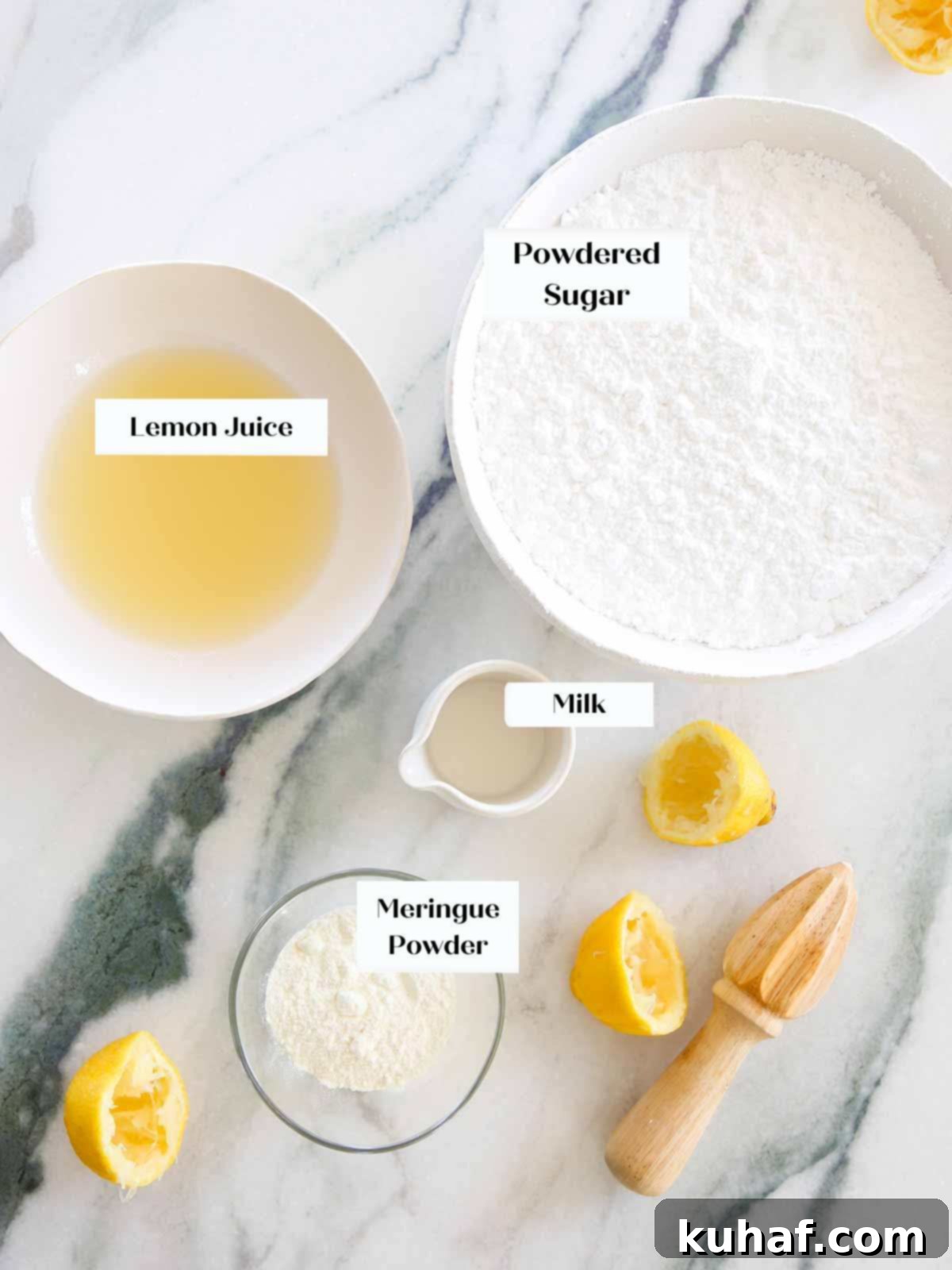 royal icing ingredients on marble.