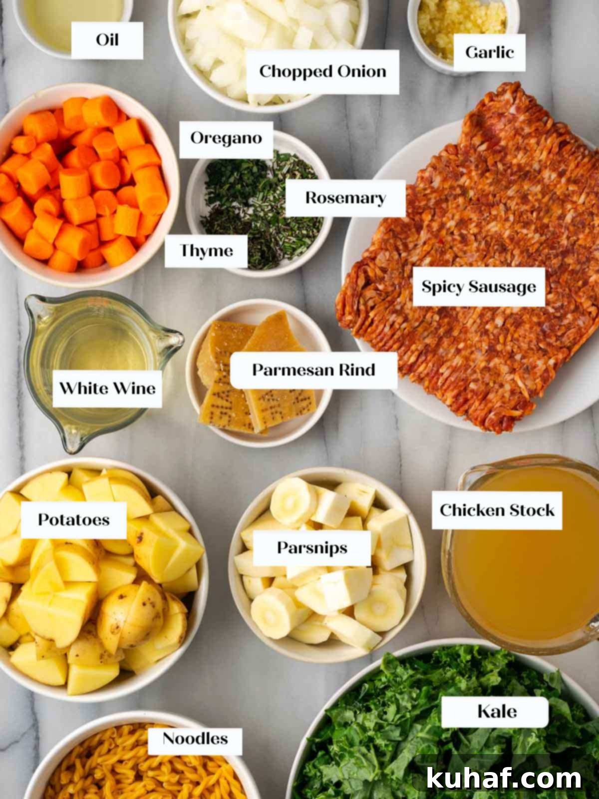 sausage soup ingredients on marble.