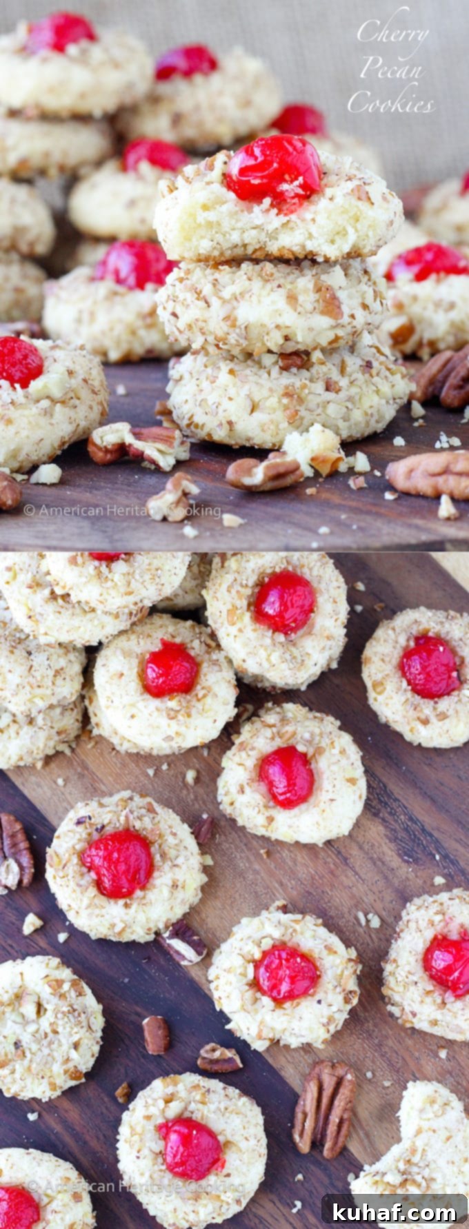 These easy Cherry Pecan Cookies are soft, chewy and nutty. A cream cheese sugar cookie is generously flavored with almond extract and rolled in pecans! My favorite Christmas Cookie recipe of all time! 
