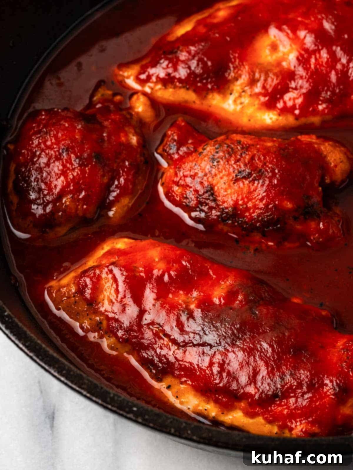 Perfectly cooked BBQ chicken glazed with glistening homemade sauce, served hot in a cast iron skillet.
