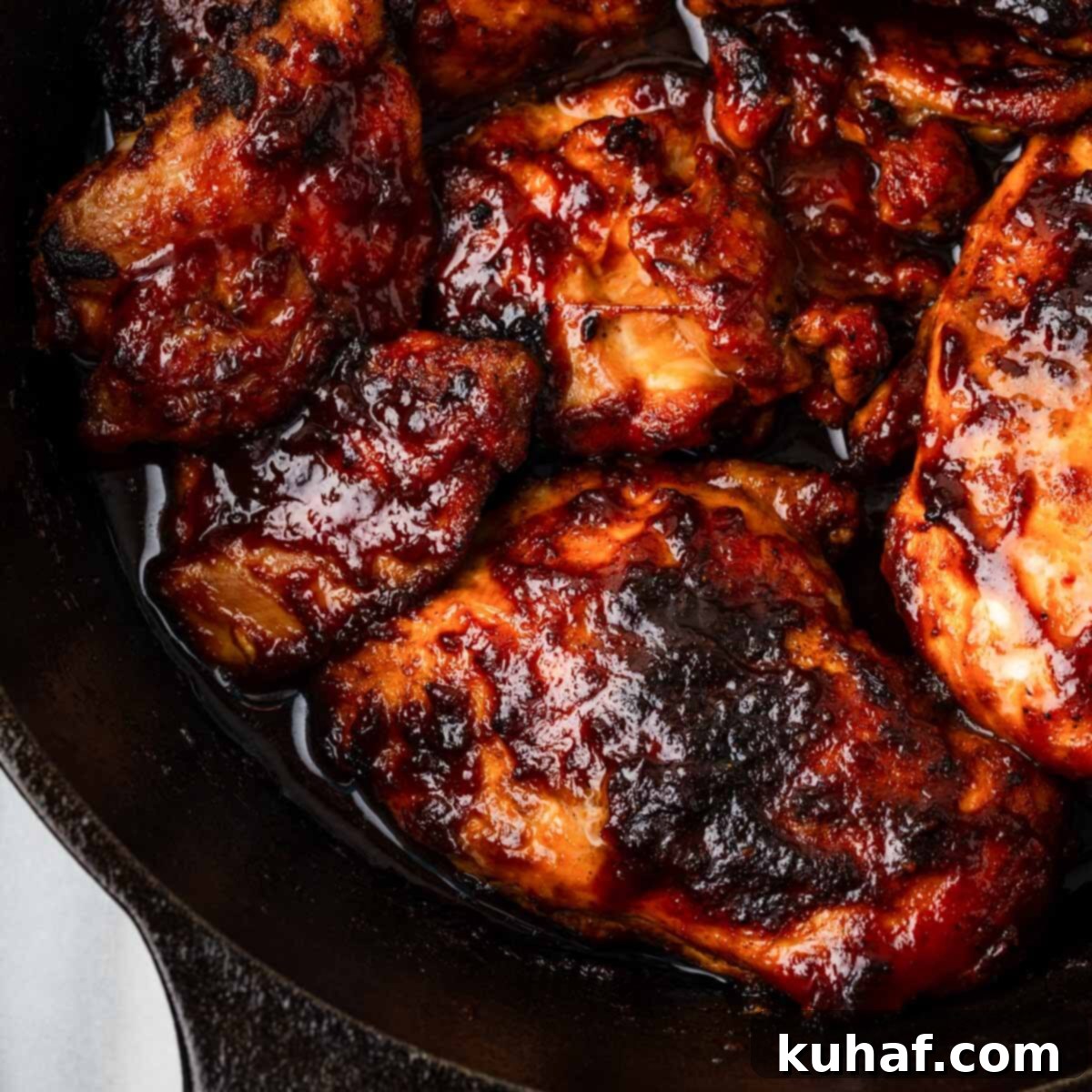 Baked BBQ chicken in a black skillet, perfectly glazed with homemade sauce, ready for serving.