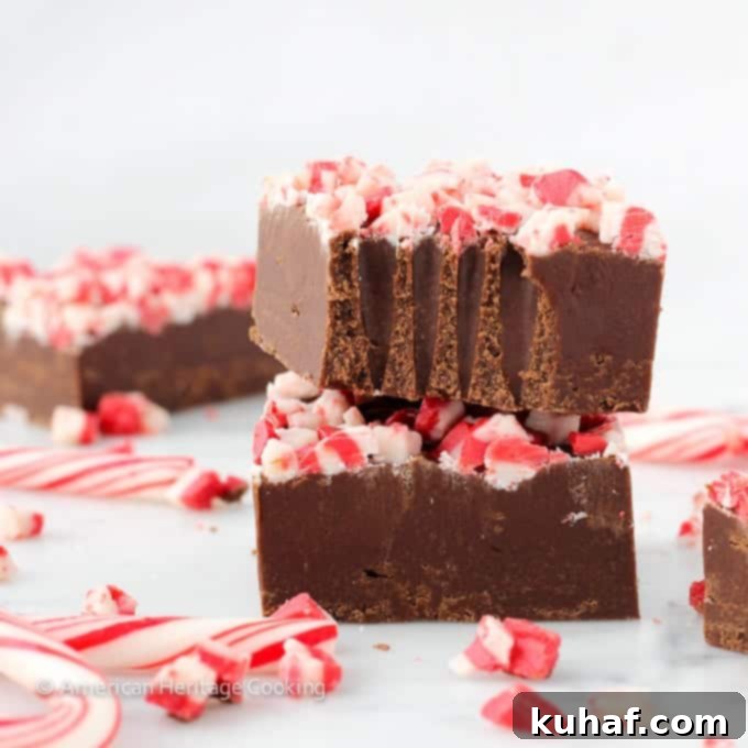 A perfectly smooth square of easy Dark Chocolate Peppermint Fudge, topped with crushed Andes peppermint candies, ready for the holidays.