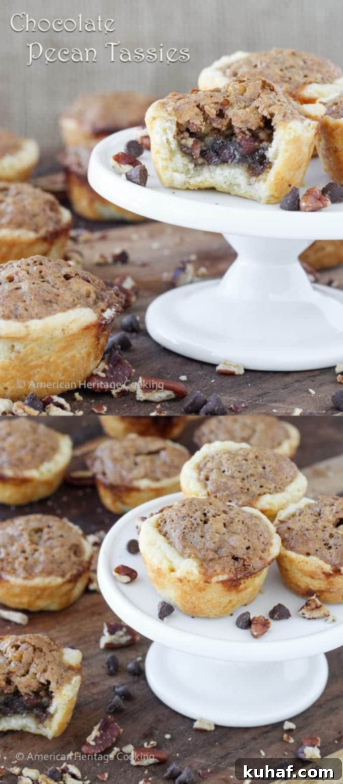 These Chocolate Pecan Tassies are like mini pecan pies with a cream cheese crust! Based on my great-grandmother's recipe! 