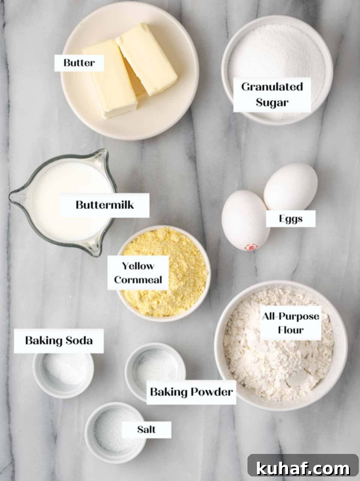 sweet cornbread ingredients on marble.