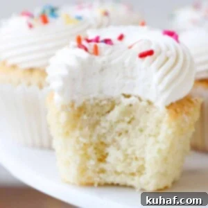 Soft, moist vanilla cupcakes with fluffy frosting, showcasing a perfect bake.
