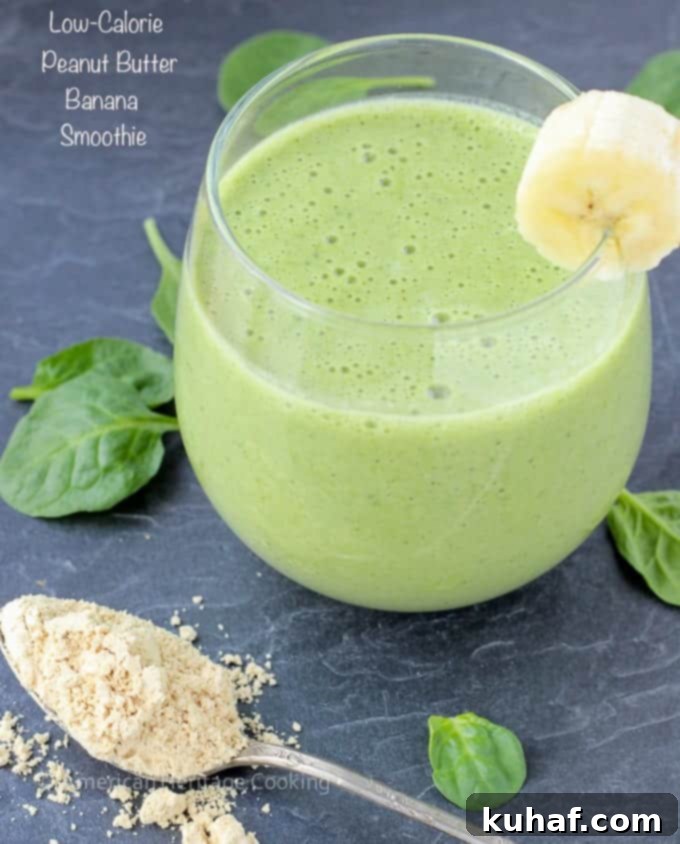 Light and Creamy Peanut Butter Banana Spinach Smoothie 6 This low calorie peanut butter banana spinach smoothie recipe is easy and delicious! And the spinach? You won't even know it's there!