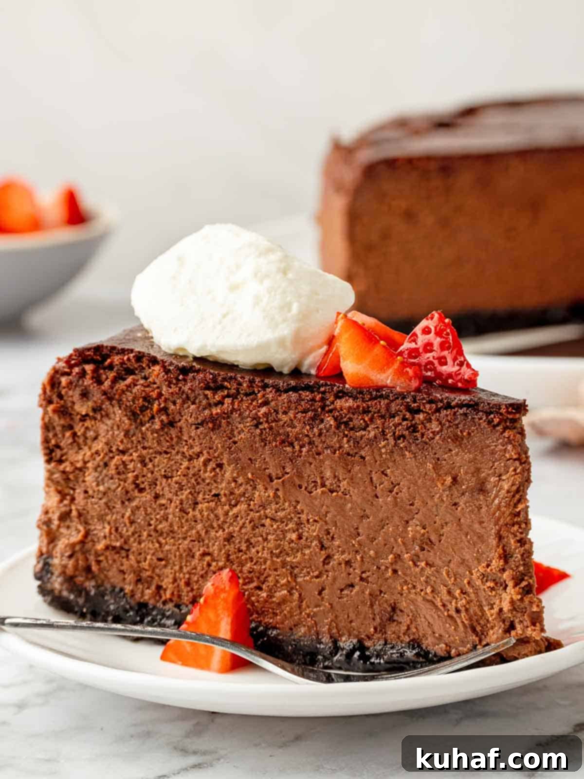 slice of chocolate cheesecake with whipped cream and berries. 