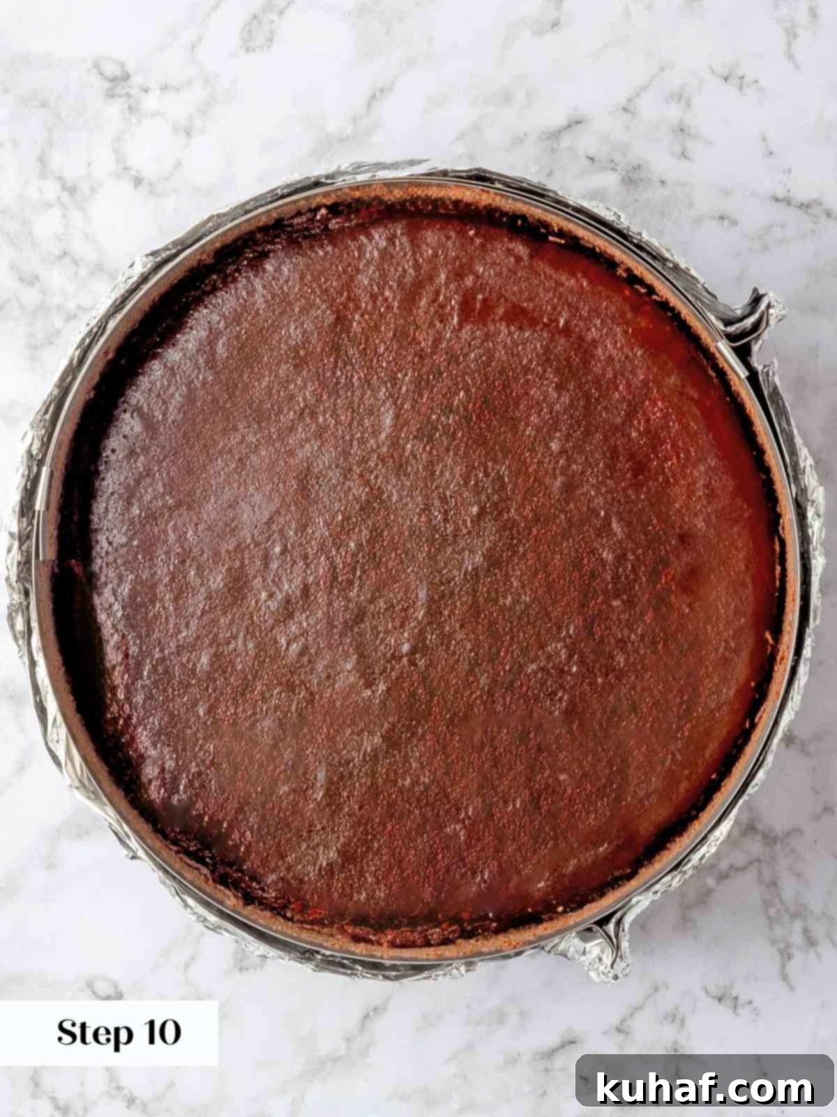 baked chocolate cheesecake in springform pan.