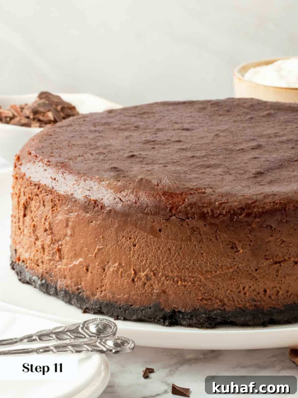 baked chocolate cheesecake with oreo crust.