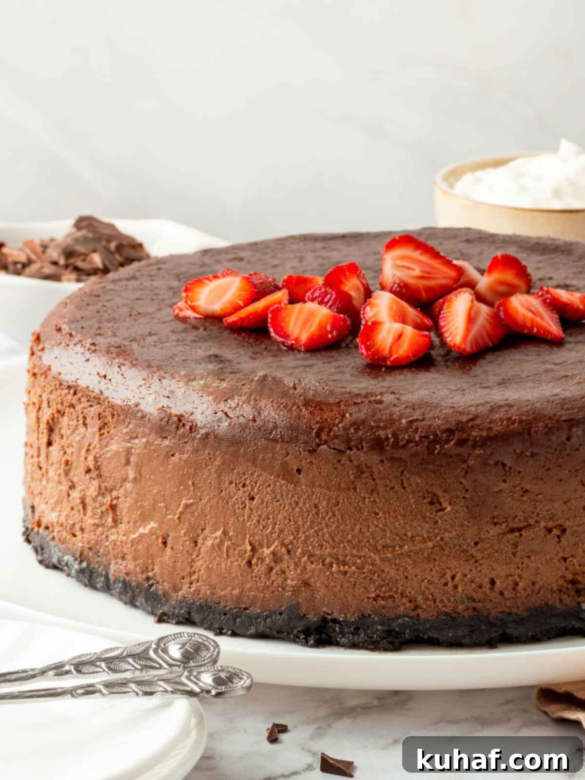 unsliced chocolate cheesecake with strawberries.