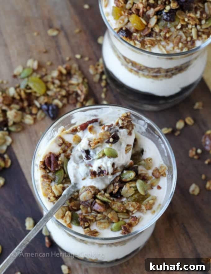 Maple Pumpkin Yogurt Parfaits with Steel Cut Oat Granola 5 These Maple Steel Cut Oats Granola Pumpkin Yogurt Parfaits are an easy, delicious breakfast! Protein and fiber packed to keep you full!