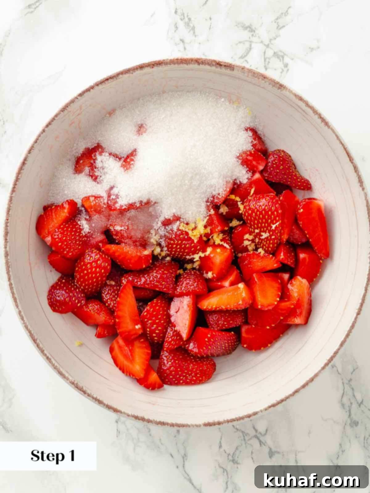ingredients for macerated strawberries in bowl.