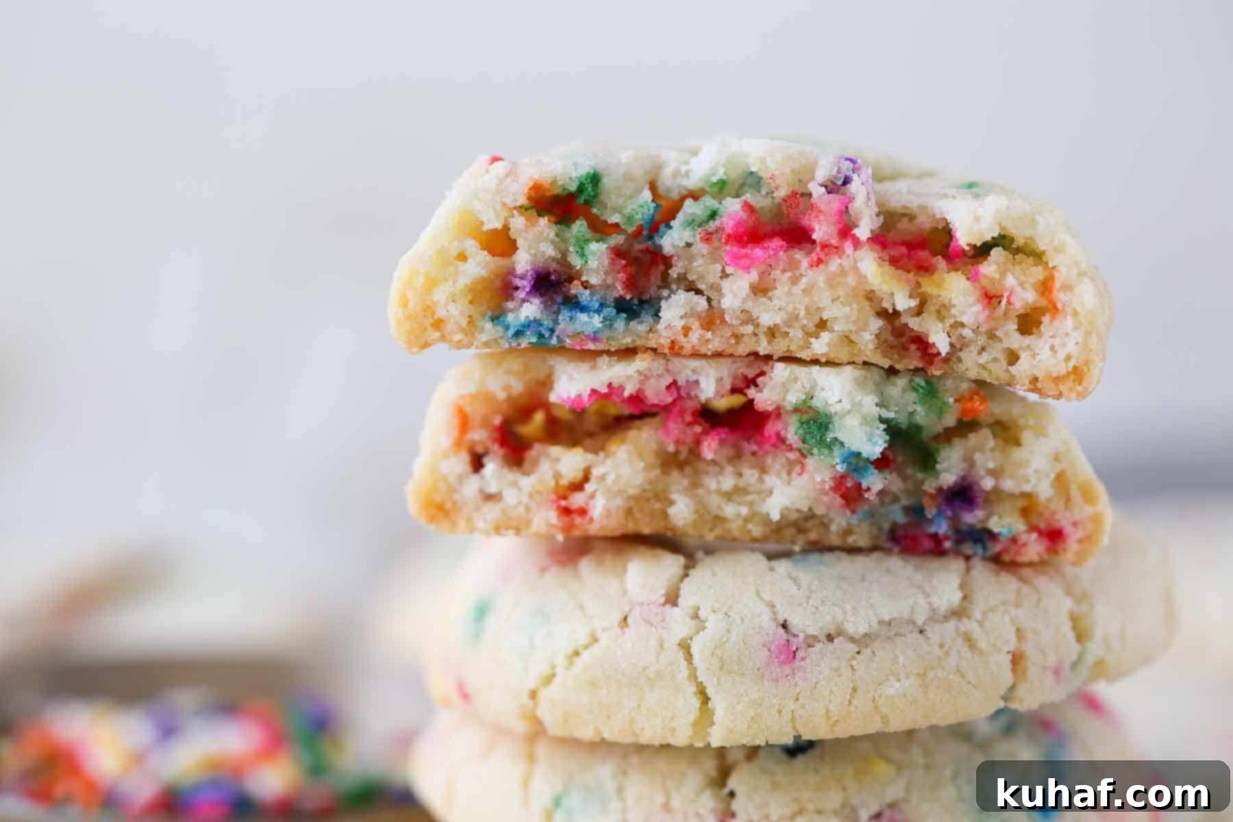 A stack of funfetti cookies showing off their soft texture and colorful sprinkle interior.