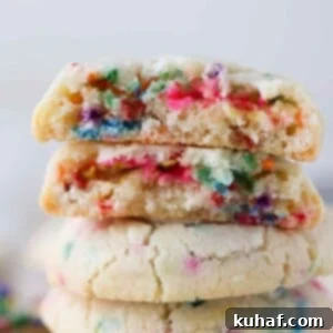 A funfetti cookie broken in half to showcase its chewy interior filled with sprinkles.