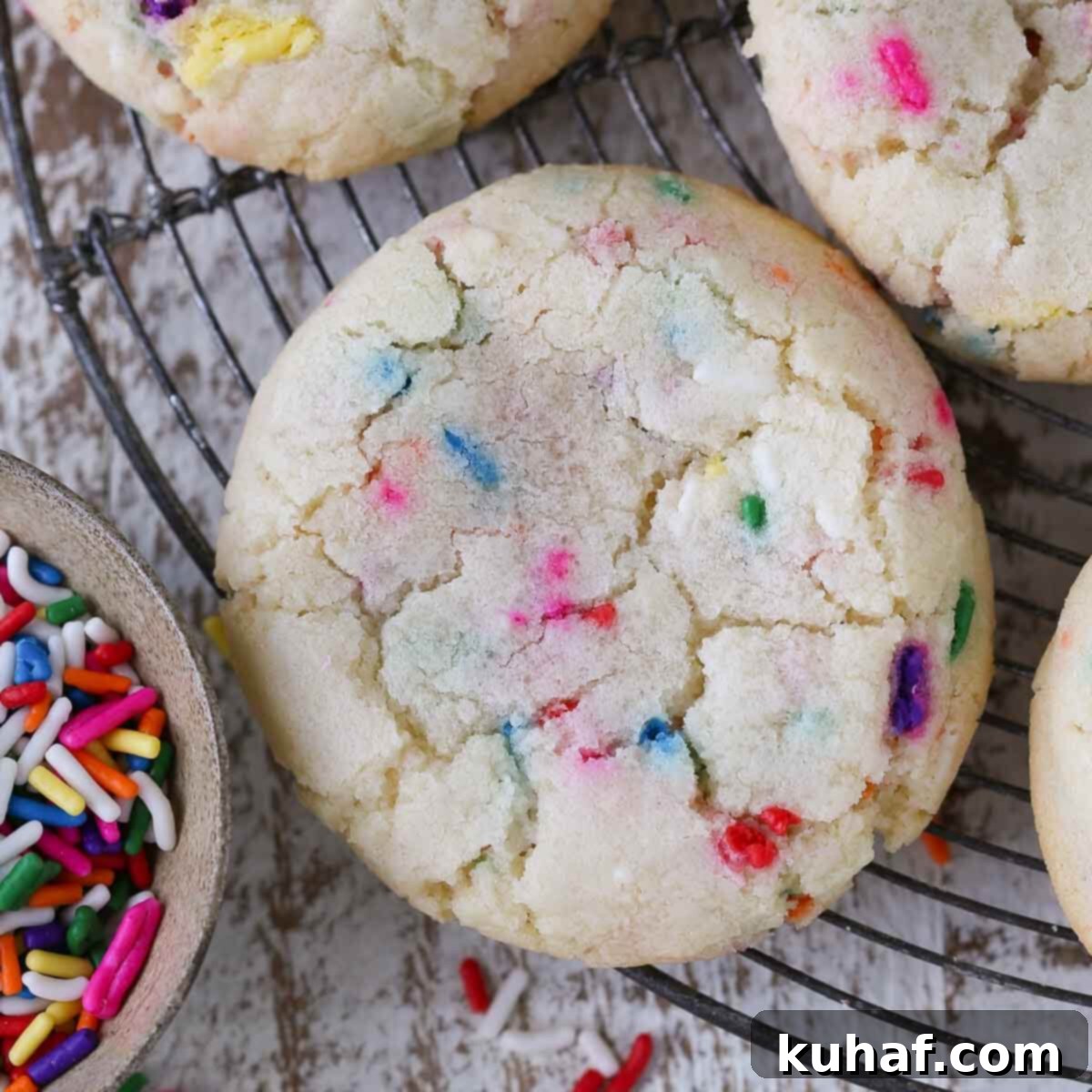 A bowl filled with colorful sprinkles ready to be used in the funfetti cookie batter next to a funfetti cookie.