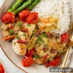 Chicken in wine sauce with fresh herbs.