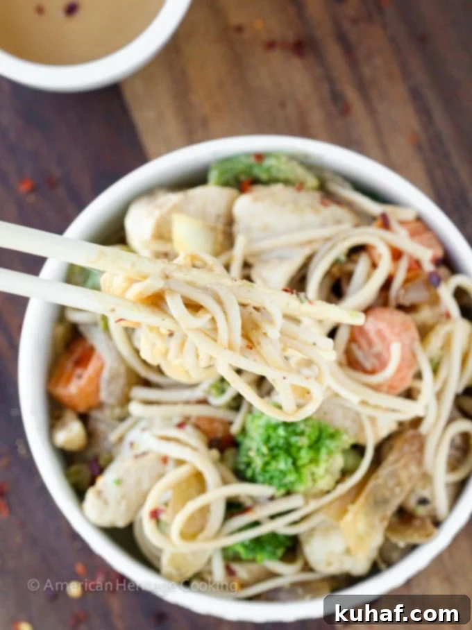 A perfectly plated white bowl of Easy Thai Peanut Chicken Noodle Stir Fry, showcasing succulent chicken, thick udon noodles, and colorful mixed vegetables generously coated in a rich, golden peanut sauce.