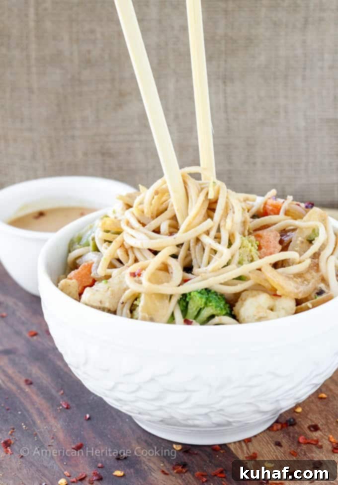 An overhead shot of a prepared Thai Peanut Chicken Noodle Stir Fry, with udon noodles, chicken, and mixed vegetables glistening with peanut sauce, ready for immediate enjoyment.