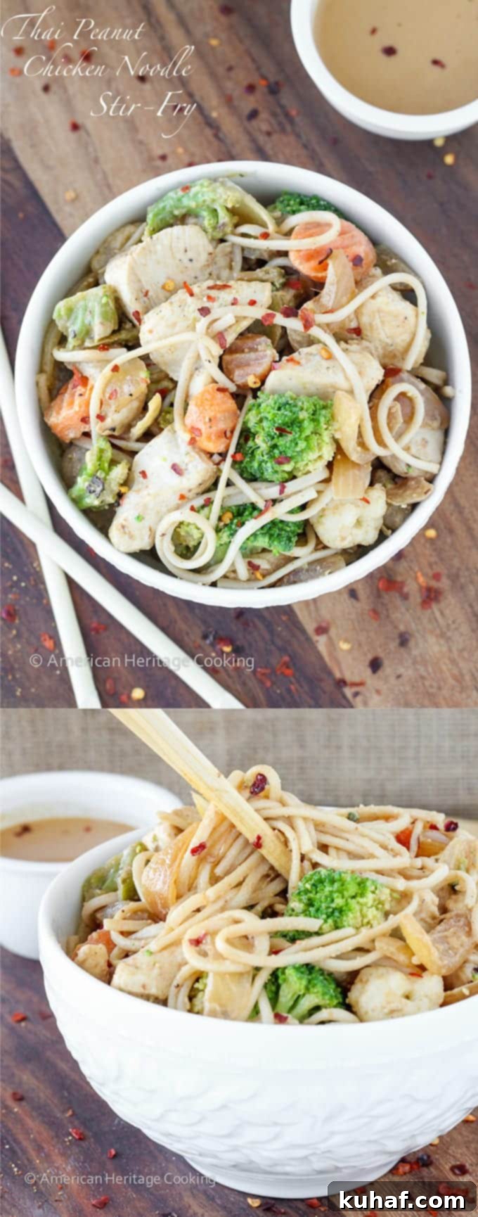 A comprehensive spread featuring the Easy Thai Peanut Chicken Noodle Stir Fry, including a serving bowl, ingredients, and the skillet, illustrating a complete and satisfying meal.
