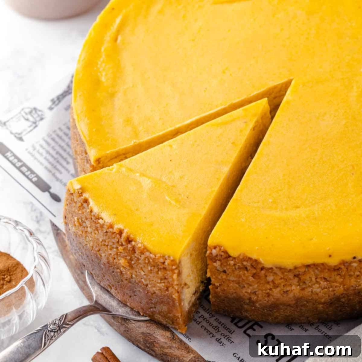 Decadent Pumpkin Cheesecake 3 A beautifully sliced pumpkin cheesecake on a white plate, showcasing its creamy texture and the golden gingersnap crust.
