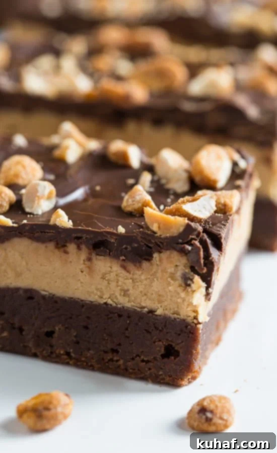 Chocolate Peanut Butter Bars Sideview: A perfect slice revealing the fudgy brownie, creamy peanut butter, and chocolate top layers.