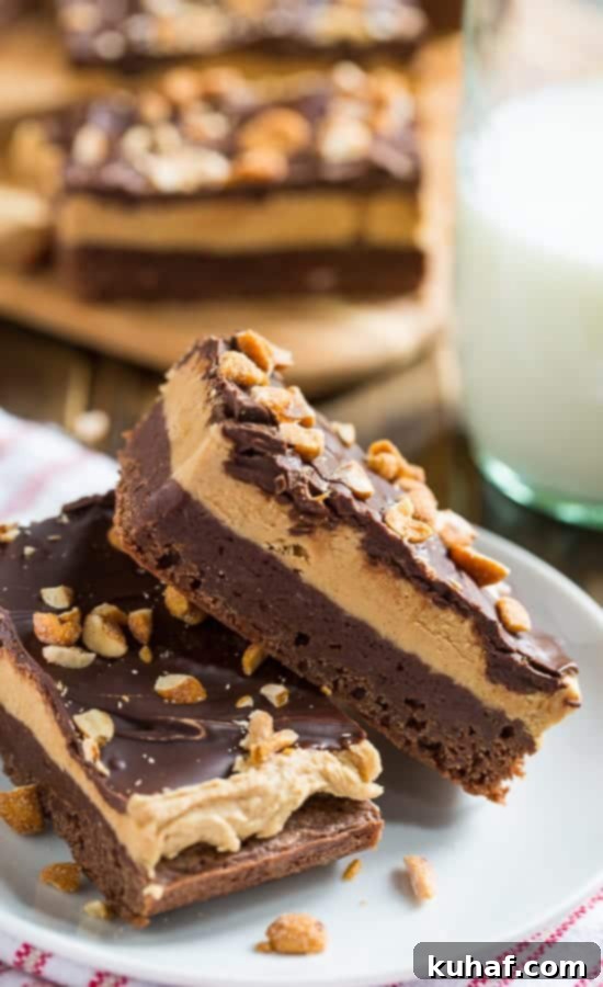 On the bottom is a fudgy and rich brownie layer with lots of deep chocolate flavor. In the middle is a thick and creamy layer of peanut butter filling. On top is another layer of chocolate made from melted chocolate chips.