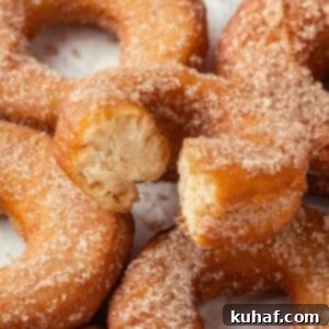 A set of apple cider donuts with the top one bitten, revealing the soft, airy interior.