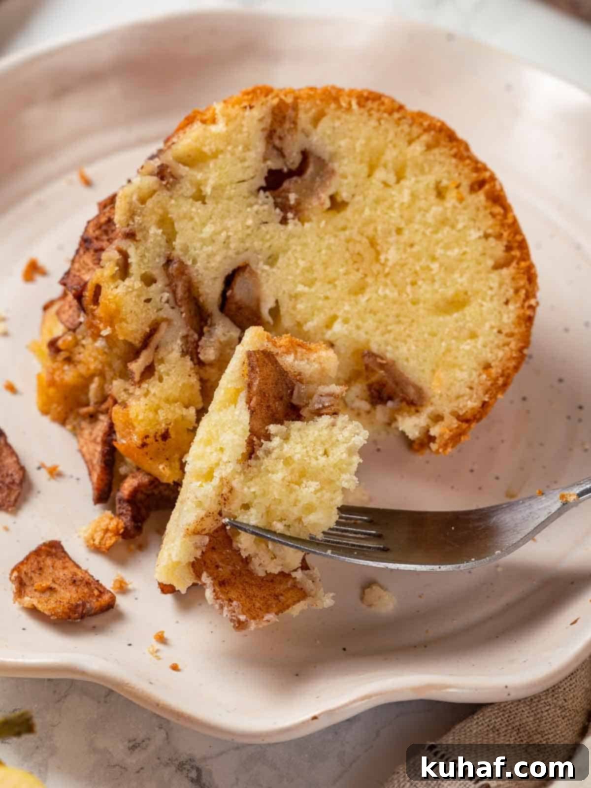 Jewish Apple Cake 12 A single, perfectly cut slice of Jewish apple cake, showcasing its moist texture and distinct layers of spiced apples.