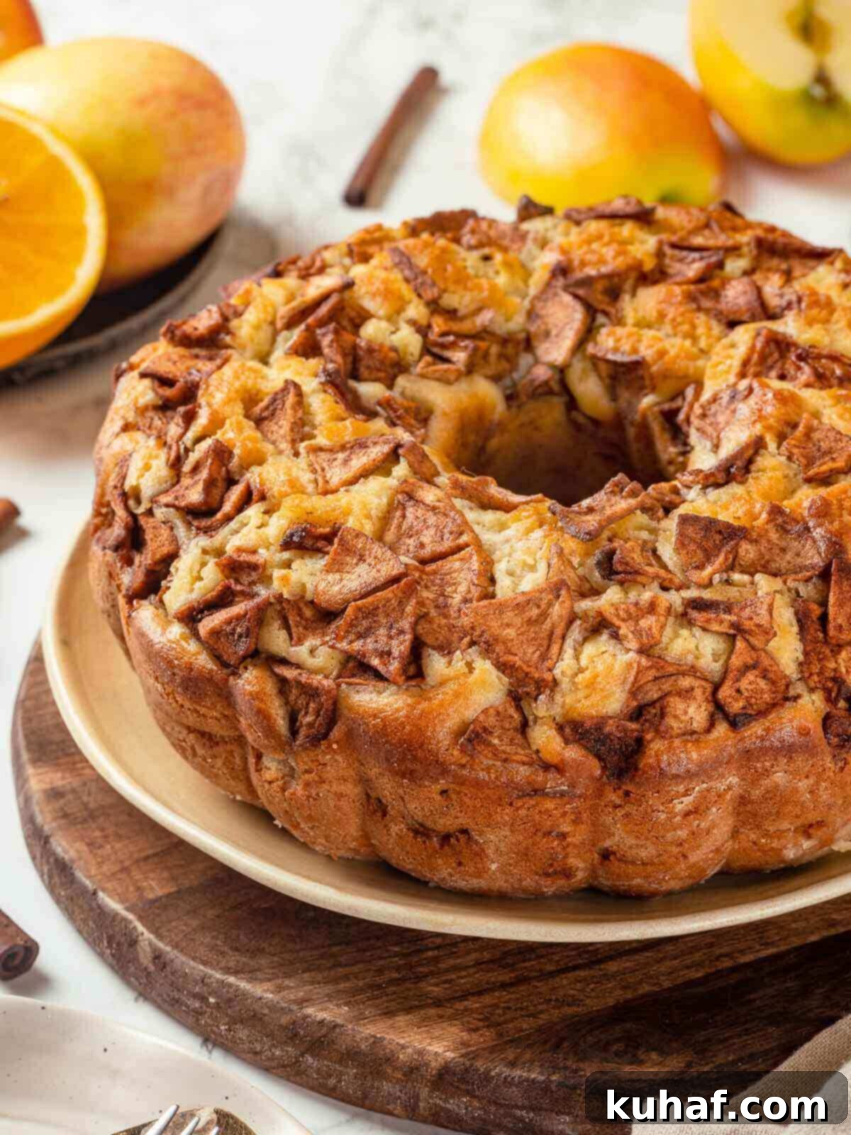 Jewish Apple Cake 3 A beautifully baked Jewish apple cake displayed on a rustic wooden cake stand, ready to be served.