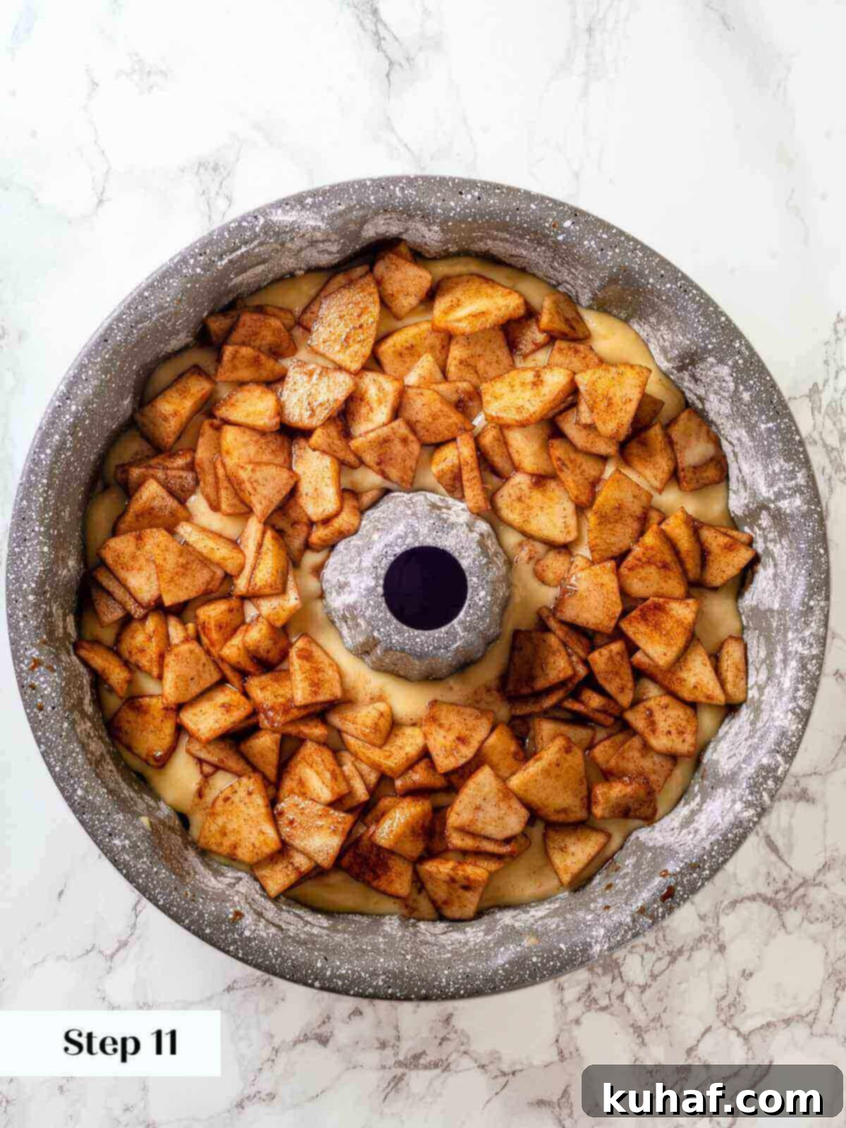 Jewish Apple Cake 10 The final layer of apples, including any accumulated liquid, beautifully arranged on top of the unbaked cake.