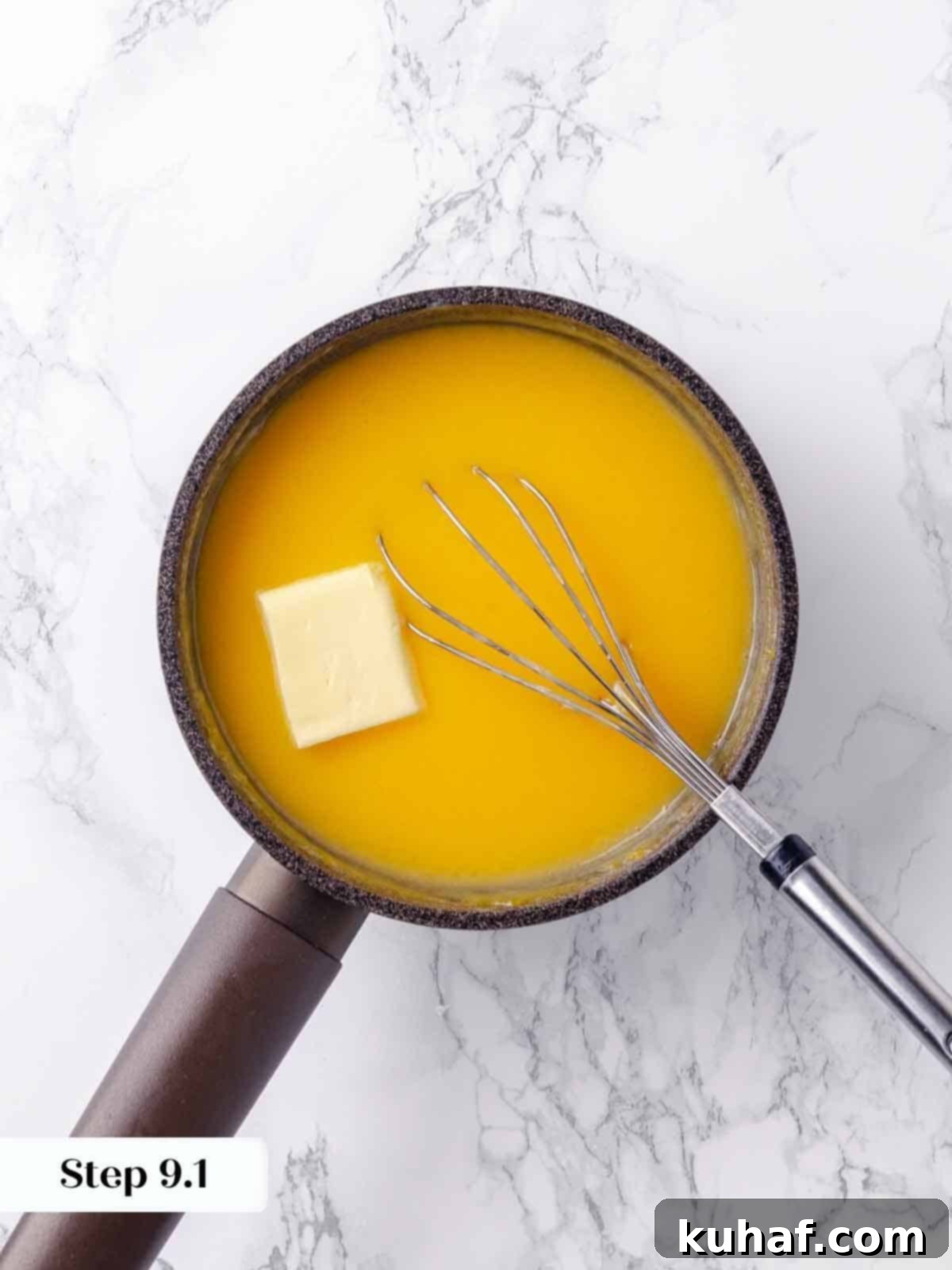 Small cubes of butter are gently melting into the warm, luscious lemon mixture, adding a rich, silky texture to the pie filling.