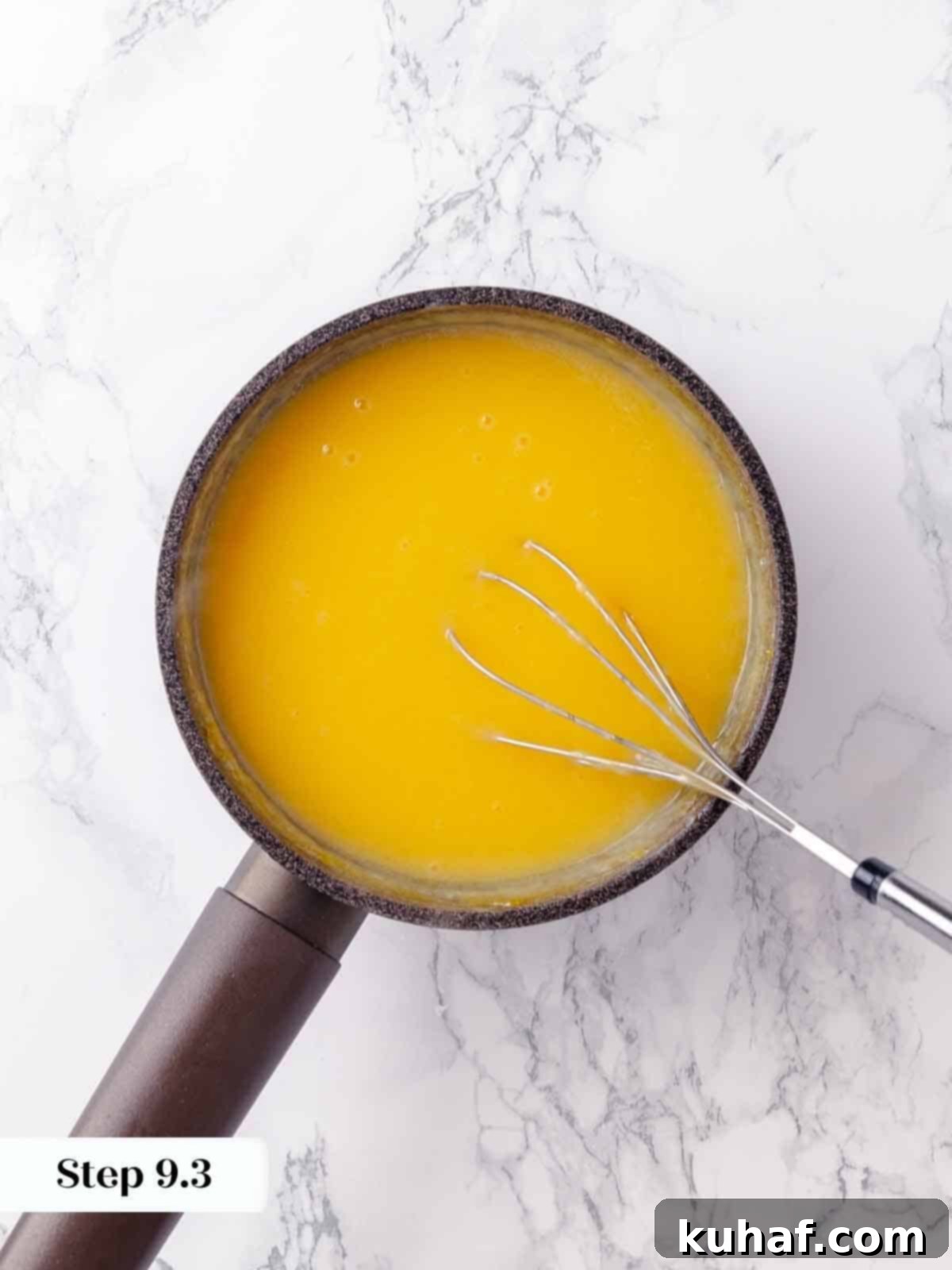 Luminous lemon pie filling gently simmering in a saucepan on the stovetop, showcasing its rich, thick, and perfectly cooked consistency.