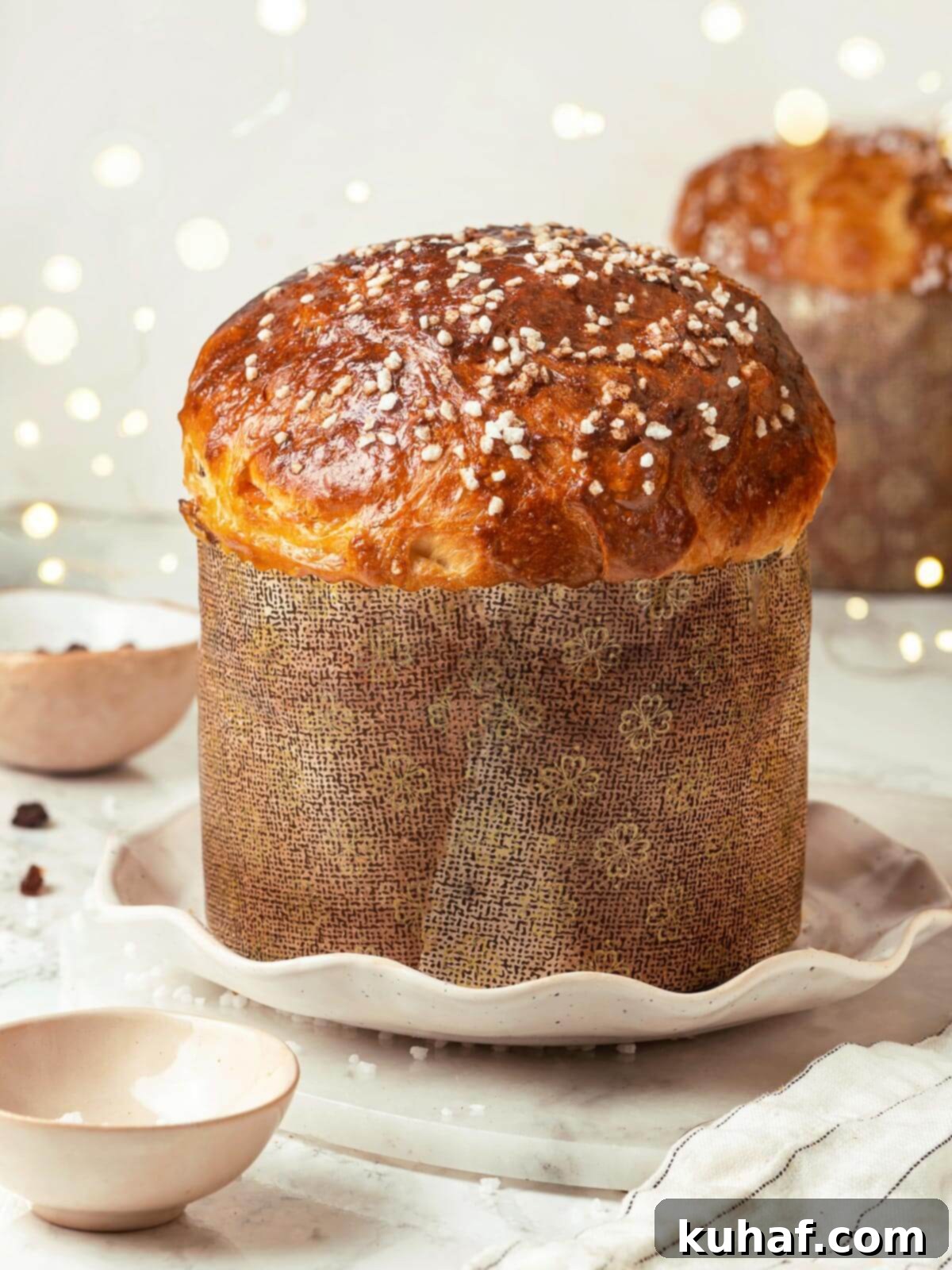 The outside of a beautifully baked panettone loaf, adorned with sparkling studded sugar.
