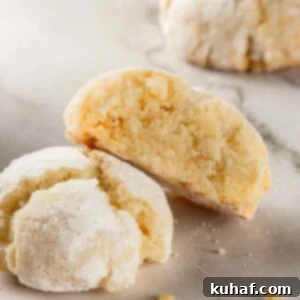 Classic Amaretti Cookies 14 A perfectly baked soft amaretti cookie, showing its characteristic crinkled top and dusting of powdered sugar.