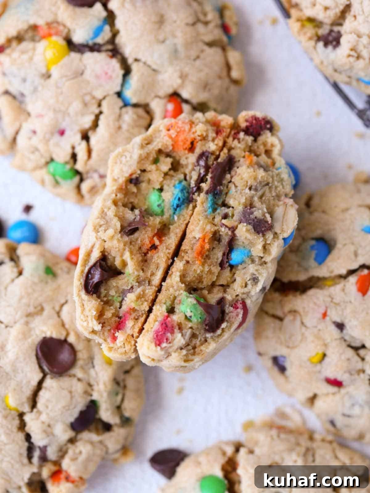 Monster cookies generously studded with vibrant M&M's, rich chocolate chips, and wholesome oats, showcasing their abundant texture.
