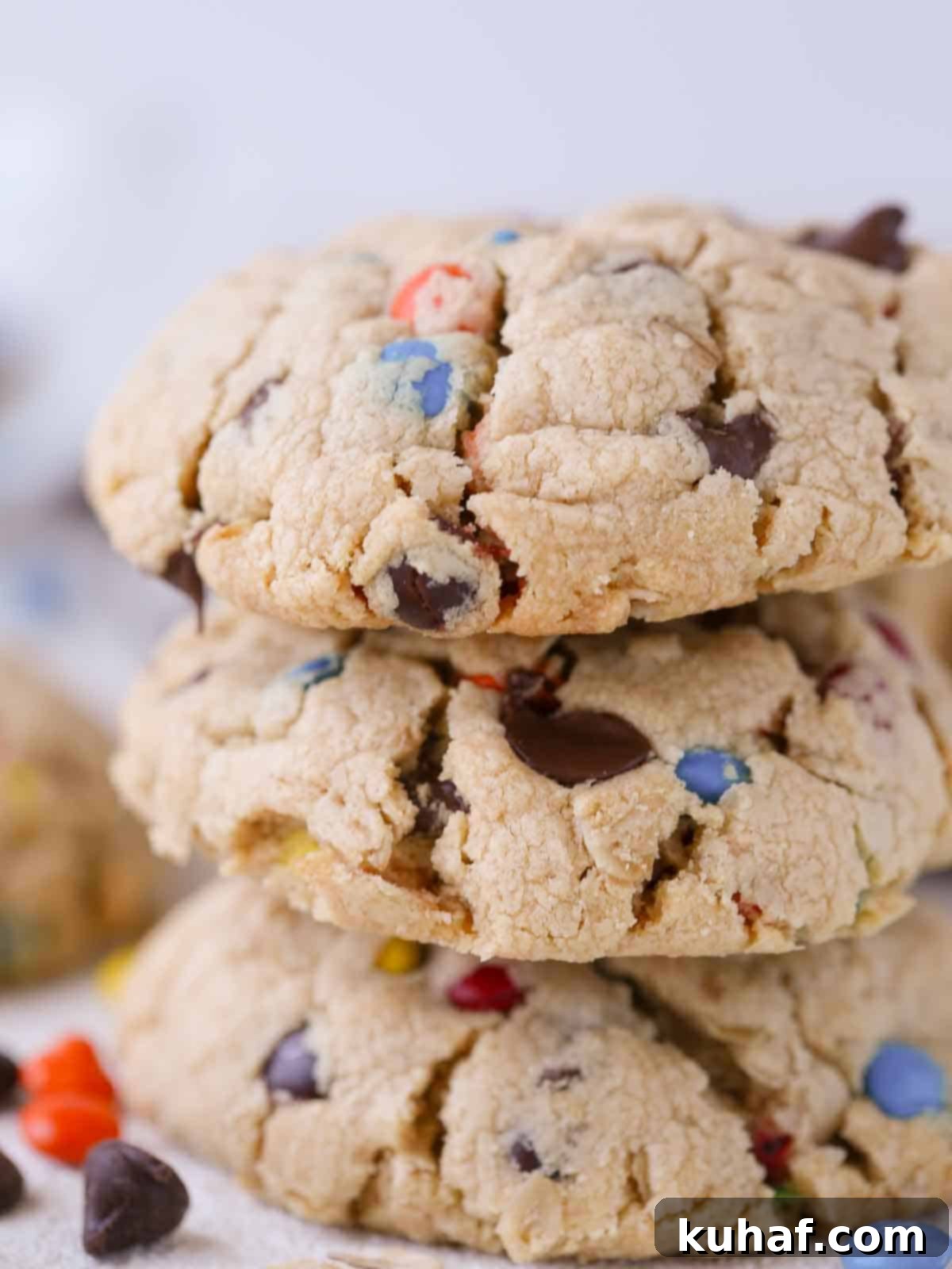 A tantalizing stack of three incredibly thick monster cookies, showcasing their chunky texture and inviting chewiness.