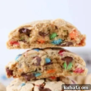 A close-up of a thick monster cookie, emphasizing its hearty, chewy layers.