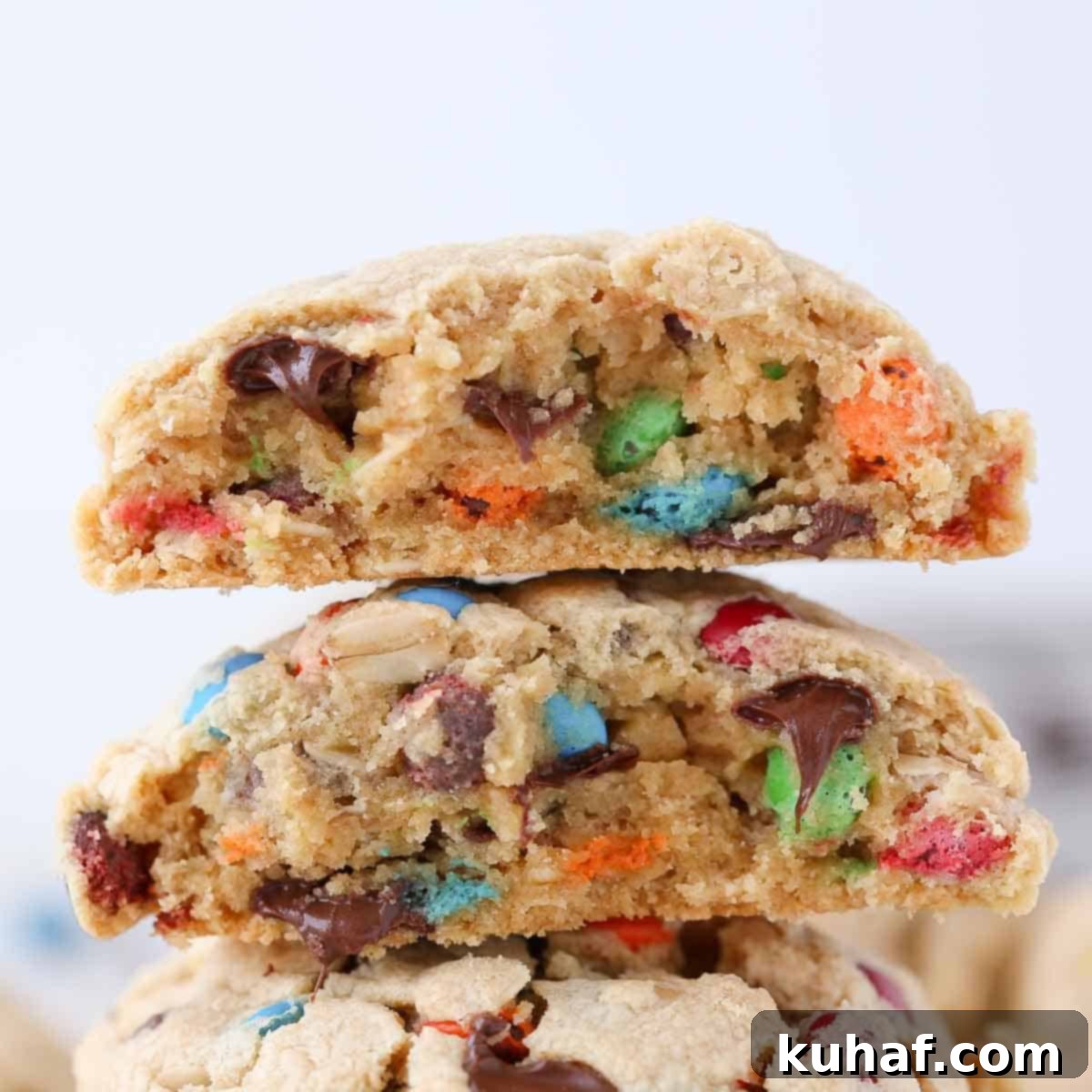 A close-up shot of a monster cookie, highlighting its robust, chewy texture and impressive thickness, ready to be devoured.